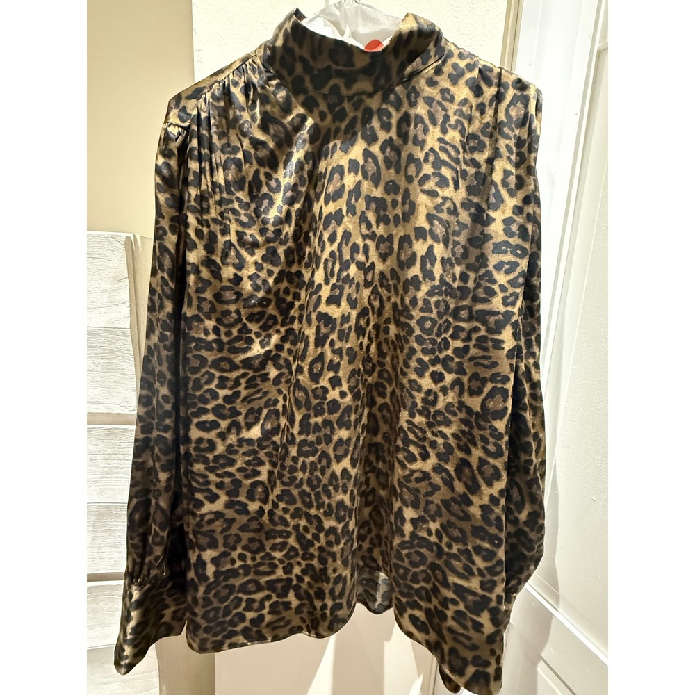 Zara Leopard Print High Neck Blouse Metallic Animal Print Top XL
